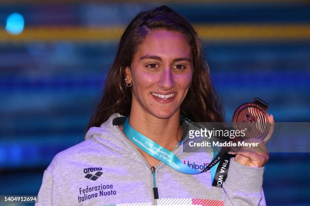 Bronze medallist Simona Quadarella of Team Italy pose for a photo during the medal ceremony for the Women's 800m Freestyle Final on day seven of the...