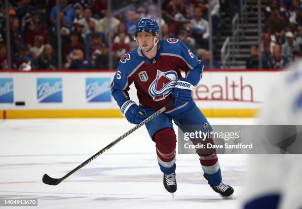 Erik Johnson of the Colorado Avalanche skates back on defense against the Tampa Bay Lightning in the first period of Game Two of the 2022 Stanley Cup...