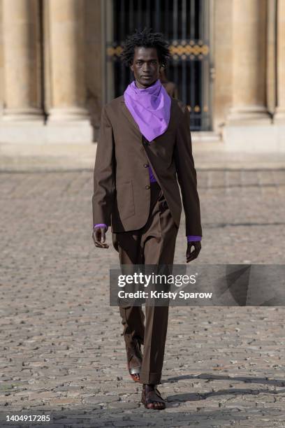 Model walks the runway during the Officine Generale Menswear Spring Summer 2023 show as part of Paris Fashion Week on June 24, 2022 in Paris, France.