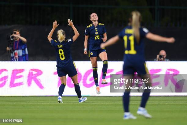 Martha Ellen Thomas of Scotland celebrates scoring their side's fourth goal with teammate Samantha Kerr during the FIFA Women's World Cup 2023...