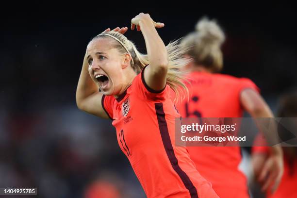 Beth Mead of England celebrates scoring their side's second goal during the Women's International friendly match between England and Netherlands at...