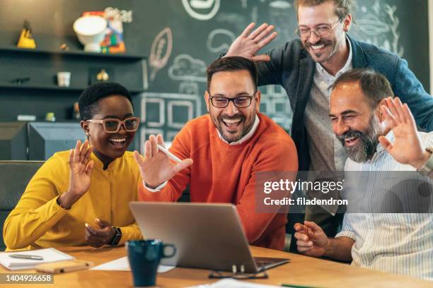 business meeting on video call - employee engagement remote stock pictures, royalty-free photos & images