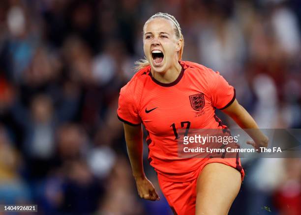 Beth Mead of England celebrates scoring their side's second goal during the Women's International friendly match between England and Netherlands at...