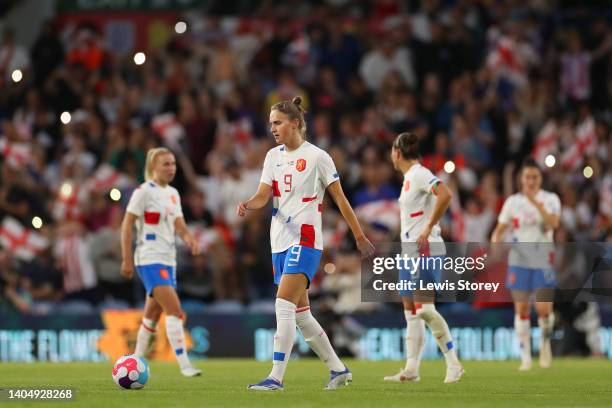 Vivianne Miedema of Netherlands reacts after Ella Toone of England scores their side's third goal during the Women's International friendly match...