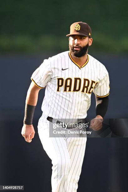 Nomar Mazara of the San Diego Padres warms up before a baseball game against the Arizona Diamondbacks June 20, 2022 at Petco Park in San Diego,...