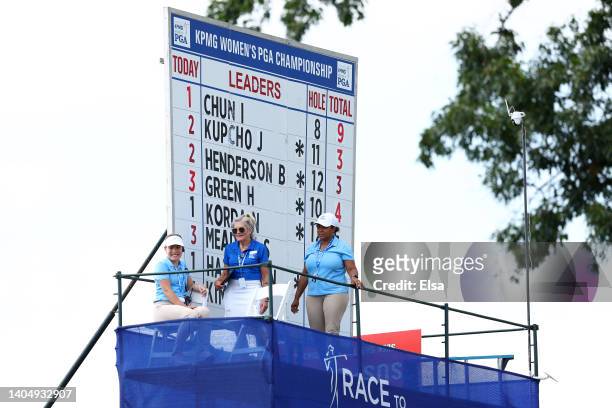 Volunteers watch as they tend to a leaderboard during the second round of the KPMG Women's PGA Championship at Congressional Country Club on June 24,...