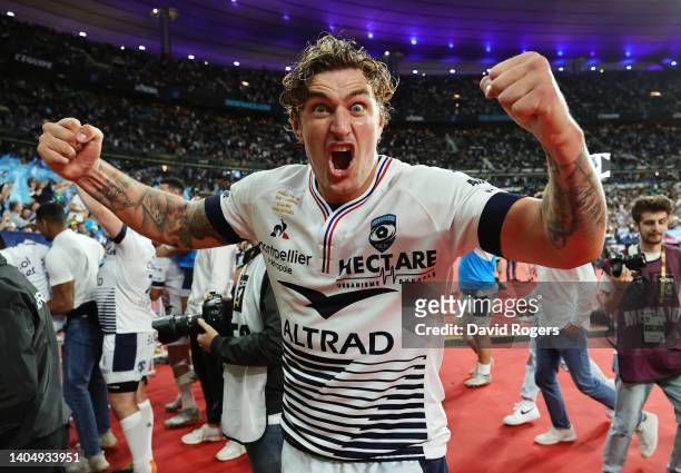 Bastien Chalureau of Montpellier celebrates their side's win after the final whistle of the Final Top 14 match between Castres Olympique and...