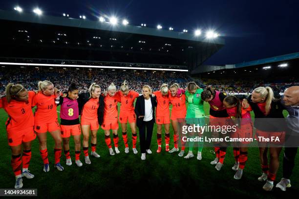 Sarina Wiegman, Manager of England, speaks to England as they huddle after the final whistle of the Women's International friendly match between...