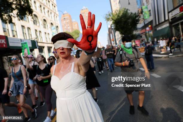 People gather at Union Square to protest against the Supreme Court's decision in the Dobbs v Jackson Women's Health case on June 24, 2022 in the...