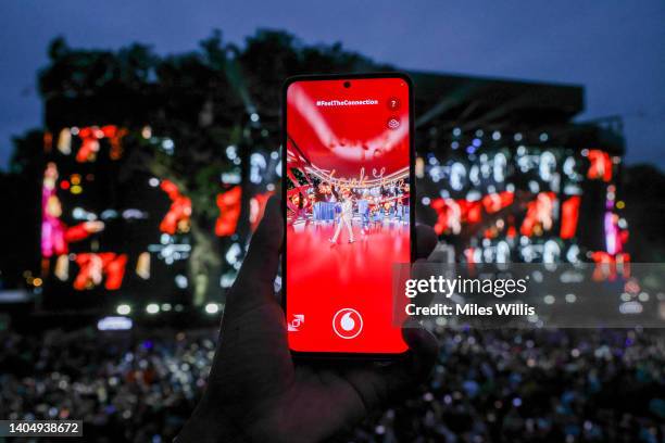 Elton John And Vodafone Wow Hyde Park Crowd With Augmented Reality Concert on June 24, 2022 in London, England.