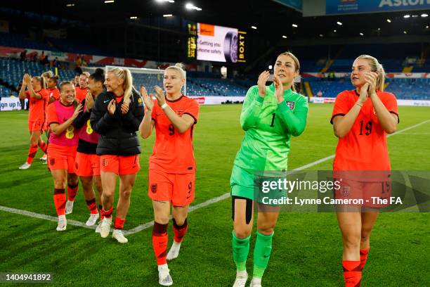 Bethany England, Mary Earps and Alessia Russo of England applaud their fans after the final whistle of the Women's International friendly match...