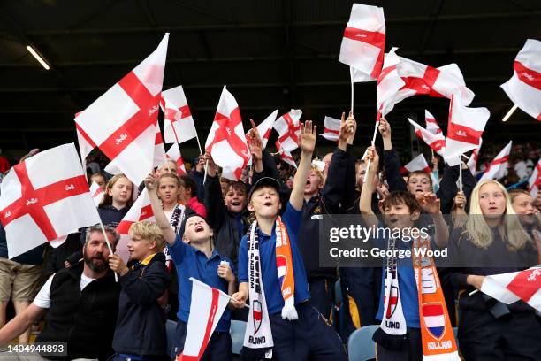 England fans show their support prior to the Women's International friendly match between England and Netherlands at Elland Road on June 24, 2022 in...