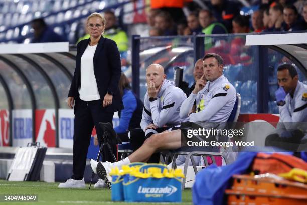 Sarina Wiegman Head Coach of England watches on during the Women's International friendly match between England and Netherlands at Elland Road on...