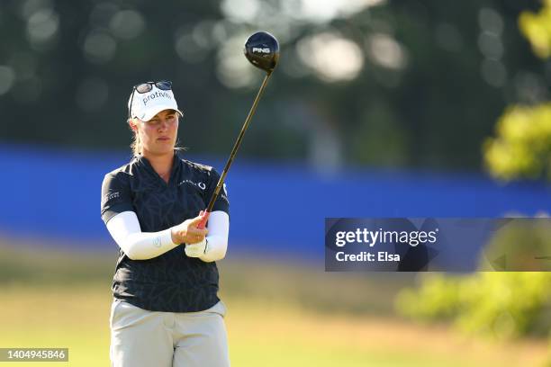 Jennifer Kupcho of the United States prepares to play her shot from the ninth tee during the second round of the KPMG Women's PGA Championship at...