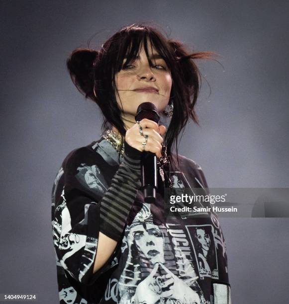 Billie Eilish performs as she headlines the Pyramid Stage during day three of Glastonbury Festival at Worthy Farm, Pilton on June 24, 2022 in...