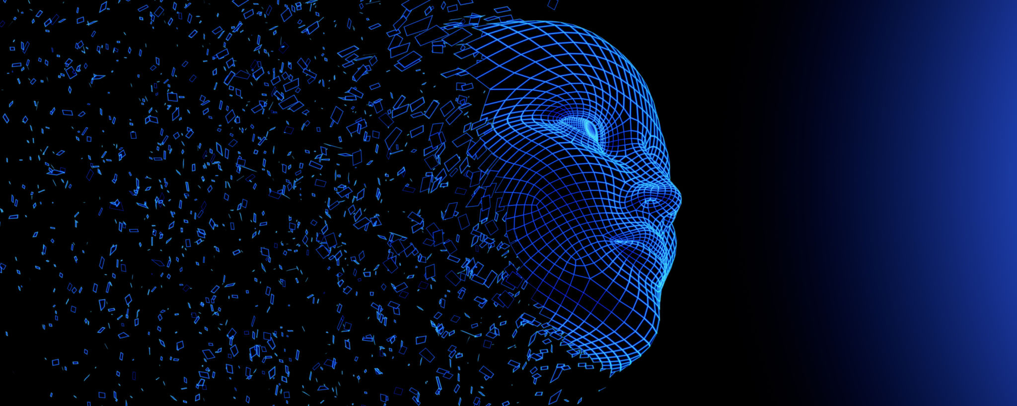 Digital human face. Artificial intelligence AI. Dispersion dissolve disintegration. 3d Render illustration Digital human face. Artificial intelligence AI. Dispersion dissolve disintegration. 3d Render illustration