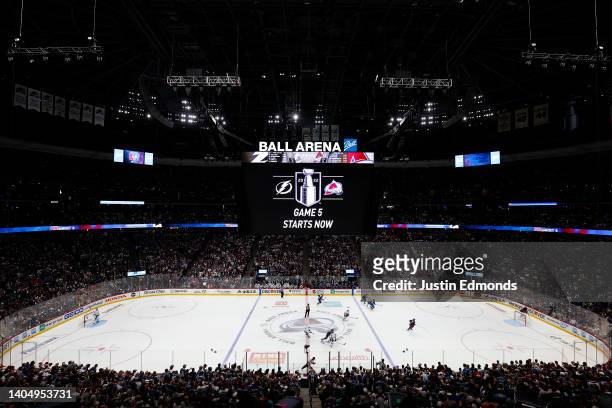 General view of the start of Game Five of the 2022 NHL Stanley Cup Final between the Tampa Bay Lightning and Colorado Avalanche at Ball Arena on June...