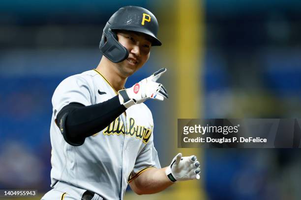 Hoy Park of the Pittsburgh Pirates reacts after hitting a solo home run during the fifth inning against the Tampa Bay Rays at Tropicana Field on June...