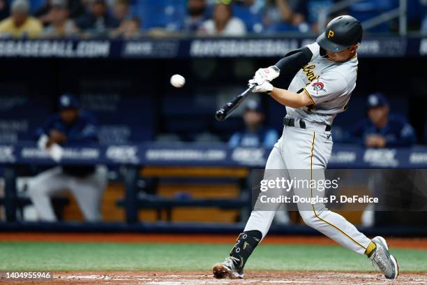 Hoy Park of the Pittsburgh Pirates hits a solo home run during the fifth inning against the Tampa Bay Rays at Tropicana Field on June 24, 2022 in St...