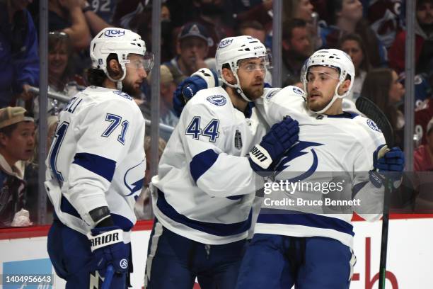 Jan Rutta of the Tampa Bay Lightning celebrates with teammates after scoring a goal during the first period in Game Five of the 2022 NHL Stanley Cup...