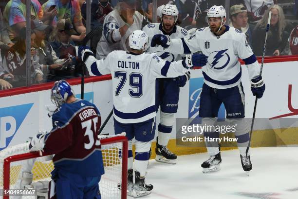Darcy Kuemper of the Colorado Avalanche looks on as Jan Rutta of the Tampa Bay Lightning celebrates a goal with teammates during the first period in...