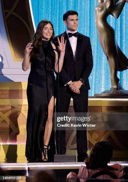 Krista Allen and Tanner Novlan speak onstage during the 49th Daytime Emmy Awards at Pasadena Convention Center on June 24, 2022 in Pasadena,...