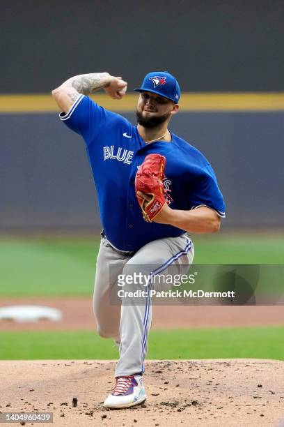 Alek Manoah of the Toronto Blue Jays pitches against the Milwaukee Brewers in the first inning at American Family Field on June 24, 2022 in...