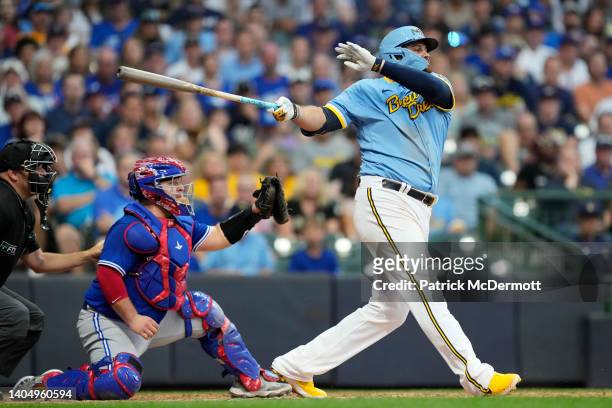 Rowdy Tellez of the Milwaukee Brewers grounds out with the bases loaded to end the third inning against the Toronto Blue Jays at American Family...