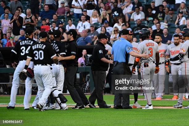 The Chicago White Sox and Baltimore Orioles benches clear in the second inning after Jorge Mateo of the Baltimore Orioles was hit by a pitch from...