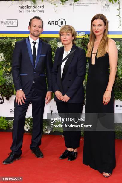 Jonas Dornbach, Maren Ade and Janine Jackowski arrive for the 72nd Lola - German Film Award at Palais am Funkturm on June 24, 2022 in Berlin, Germany.