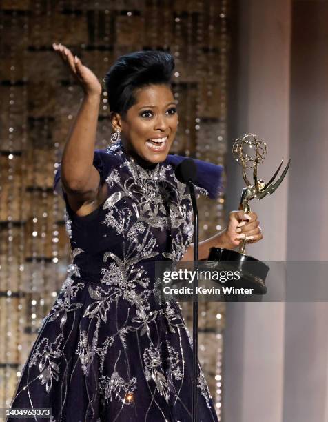 Tamron Hall accepts the award for Outstanding Informative Talk Show Host onstage during the 49th Daytime Emmy Awards at Pasadena Convention Center on...