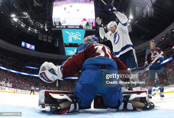 Corey Perry of the Tampa Bay Lightning celebrates after Nikita Kucherov of the Tampa Bay Lightning scores a goal on Darcy Kuemper of the Colorado...