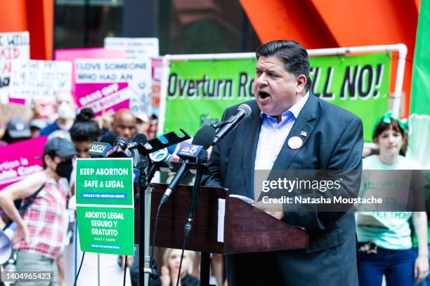 Governor J. B. Pritzker of Illinois speaks to the crowd at an abortion rights rally on June 24, 2022 in Chicago, Illinois. Crowds gathered to protest...