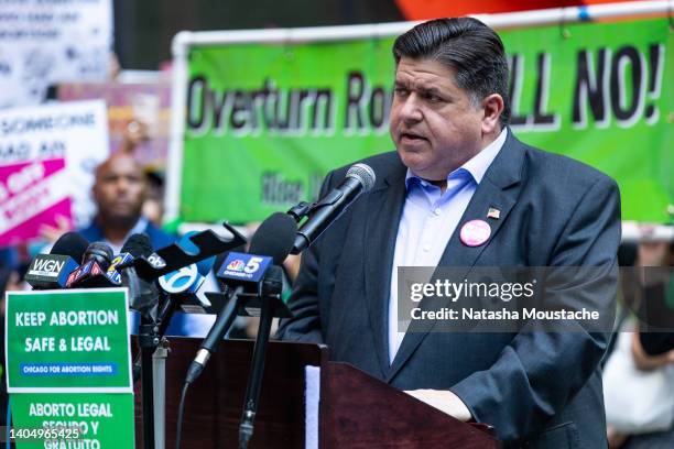 Governor J. B. Pritzker of Illinois speaks to the crowd at an abortion rights rally on June 24, 2022 in Chicago, Illinois. Crowds gathered to protest...