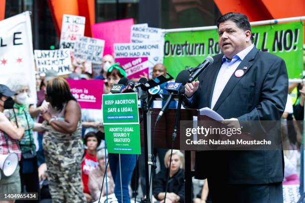 Governor J. B. Pritzker of Illinois speaks to the crowd at an abortion rights rally on June 24, 2022 in Chicago, Illinois. Crowds gathered to protest...