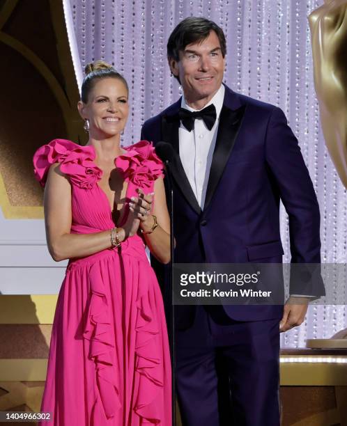 Natalie Morales and Jerry O'Connell speak onstage during the 49th Daytime Emmy Awards at Pasadena Convention Center on June 24, 2022 in Pasadena,...