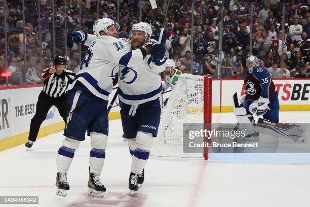 Ondrej Palat of the Tampa Bay Lightning celebrates with Steven Stamkos of the Tampa Bay Lightning after scoring a goal during the third period in...