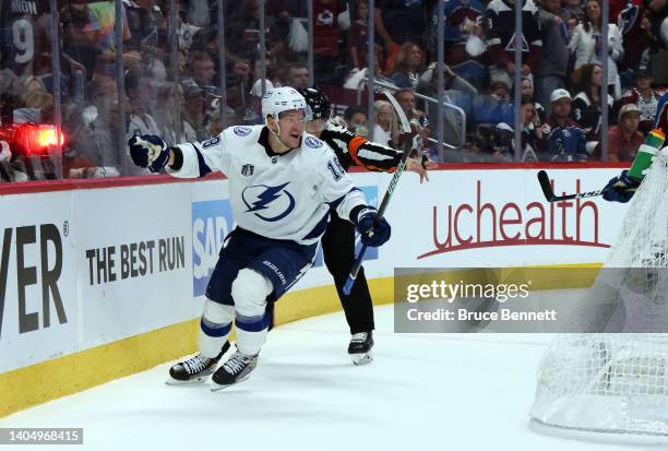 Ondrej Palat of the Tampa Bay Lightning celebrates a goal during the third period in Game Five of the 2022 NHL Stanley Cup Final against the Colorado...