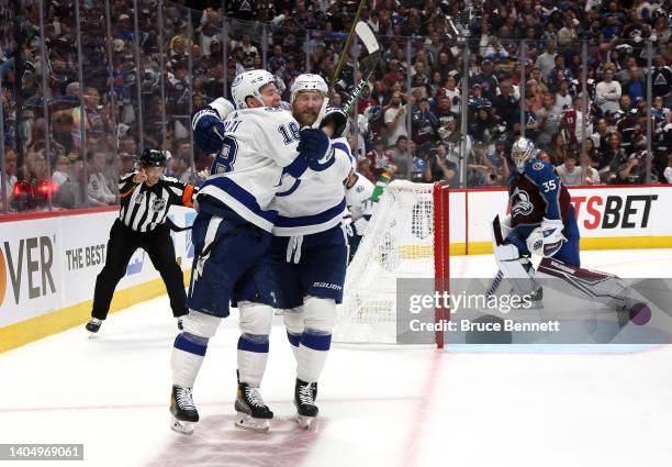 Ondrej Palat of the Tampa Bay Lightning celebrates a goal with Steven Stamkos of the Tampa Bay Lightning during the third period in Game Five of the...