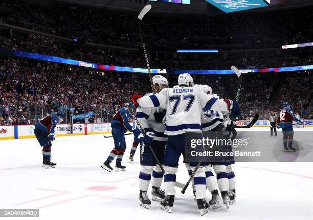 Ondrej Palat of the Tampa Bay Lightning celebrates with his teammates after scoring a goal during the third period against the Colorado Avalanche in...