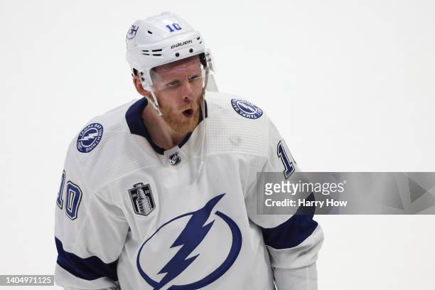 Corey Perry of the Tampa Bay Lightning reacts after a win over the Colorado Avalanche in Game Five of the 2022 NHL Stanley Cup Final at Ball Arena on...