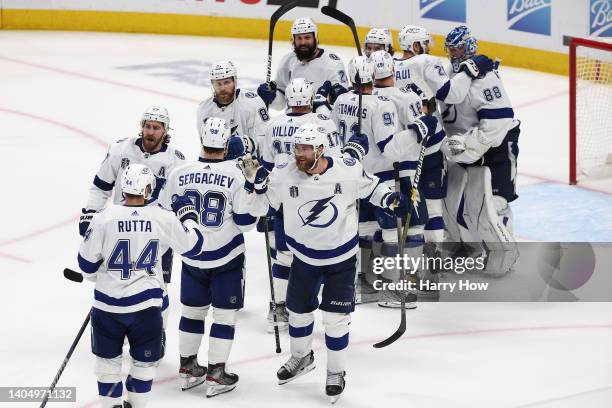 The Tampa Bay Lightning celebrate a win over the Colorado Avalanche in Game Five of the 2022 NHL Stanley Cup Final at Ball Arena on June 24, 2022 in...
