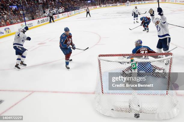 Corey Perry of the Tampa Bay Lightning celebrates after Nikita Kucherov of the Tampa Bay Lightning scores a goal on Darcy Kuemper of the Colorado...