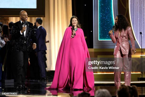 Kevin Frazier, Drew Barrymore and Nischelle Turner speak onstage during the 49th Daytime Emmy Awards at Pasadena Convention Center on June 24, 2022...