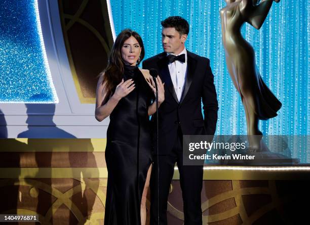 Krista Allen and Tanner Novlan speak onstage during the 49th Daytime Emmy Awards at Pasadena Convention Center on June 24, 2022 in Pasadena,...