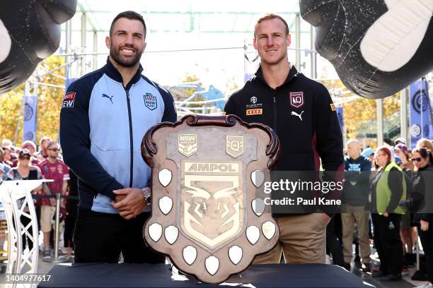 Captains James Tedesco of New South Wales and Daly Cherry-Evans of Queensland pose with the shield during a State of Origin media opportunity at...
