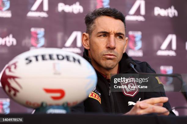 Billy Slater, coach of the Maroons addresses the media during a State of Origin media opportunity at Forrest Place on June 25, 2022 in Perth,...
