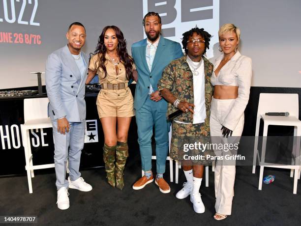 Terrence J, Vivica A. Fox, DeRay Davis, Jacquees, and Serayah McNeill pose onstage during the "Terrence J & Friends- Game Night" segment at House Of...