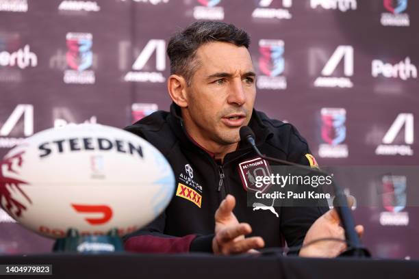 Billy Slater, coach of the Maroons addresses the media during a State of Origin media opportunity at Forrest Place on June 25, 2022 in Perth,...