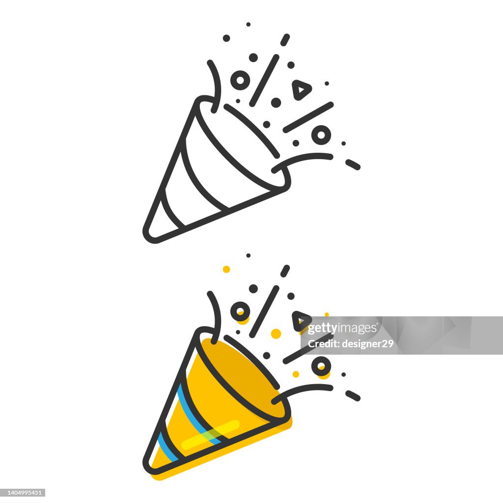Konfetti und Party Popper Farblinie Symbol Vektor Design auf weißem Hintergrund.